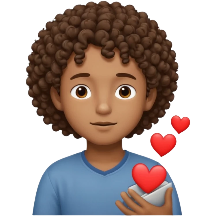 Brown boy with curly hair dreaming abouthis girlfriend small smirk on his face eyes closed with a little heart next to him emoji