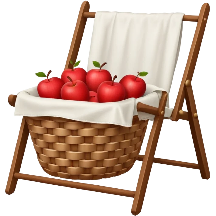 woven basket with apples and cloth on a white wooden chair emoji