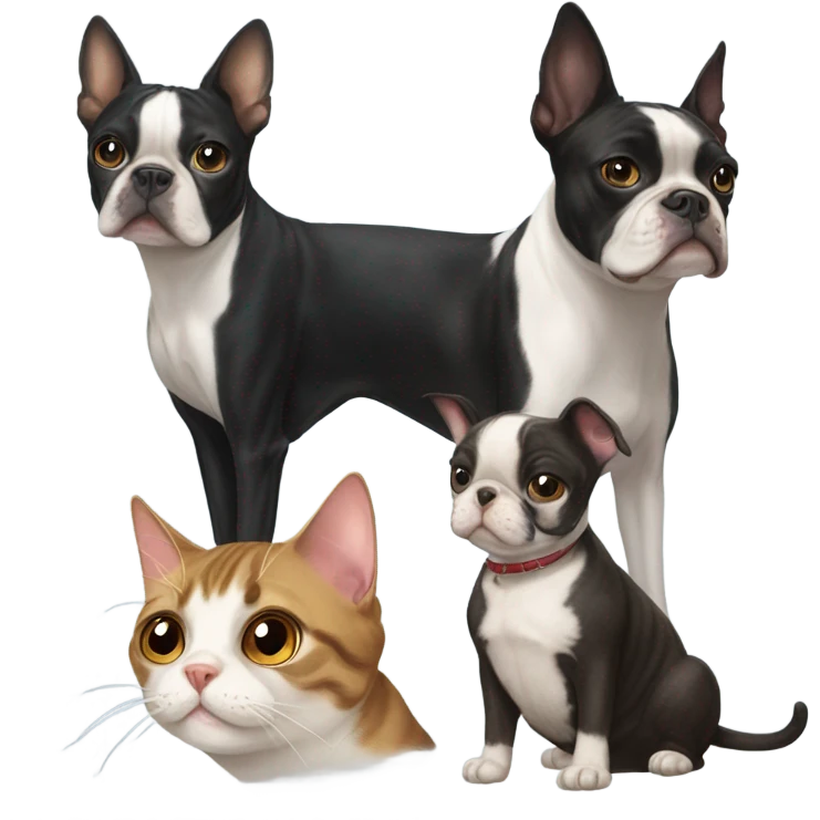 Two tabby cats and a Boston terrier emoji