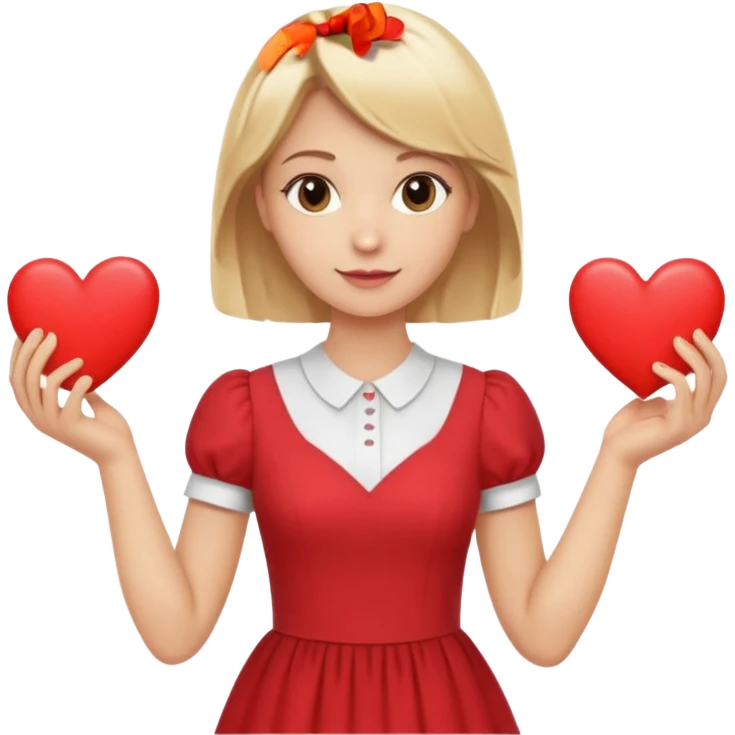 teacher with blond hair, wearing a dress, holding red hearts, white background emoji