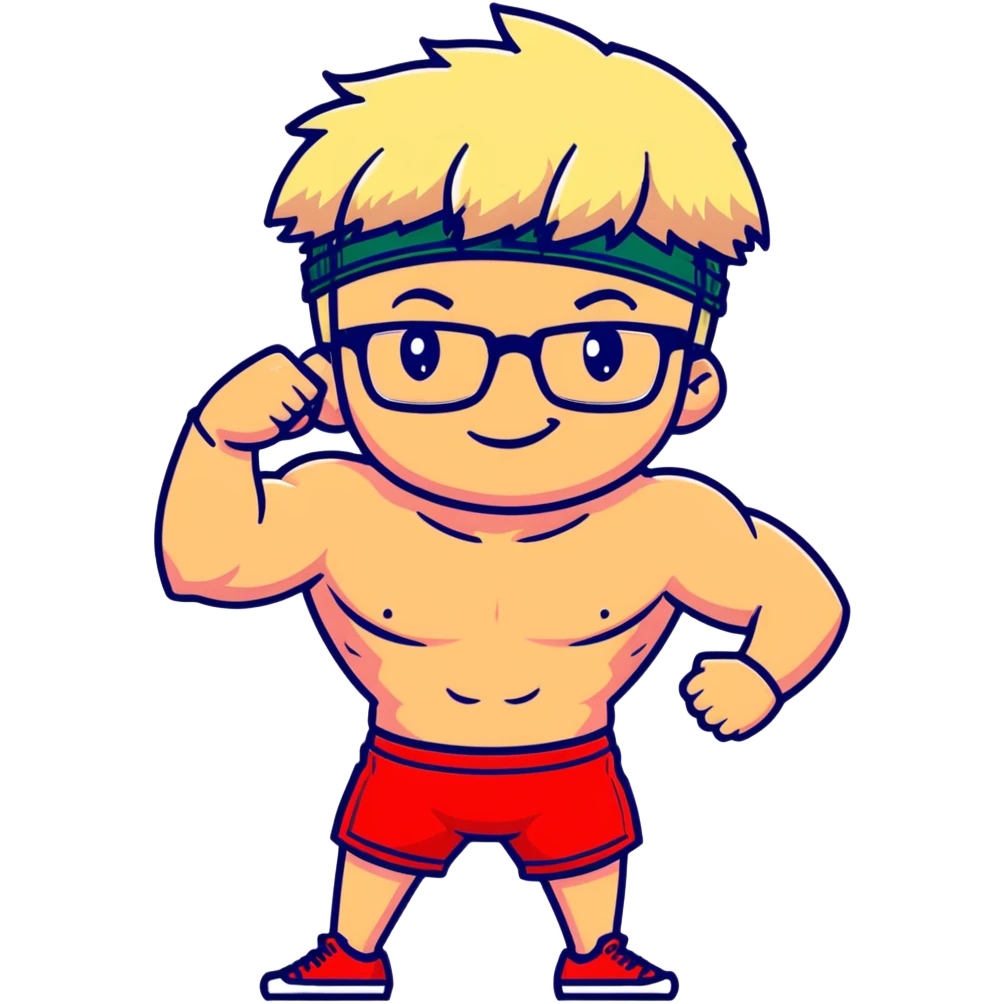 Skinny man with black and white cap, thin bare torso, red shorts, clear glasses, messy light blond mullet hairstyle, smiling and attempting to flex nonexistent muscles emoji