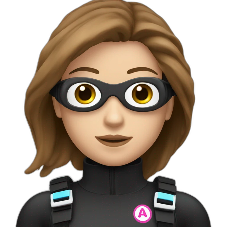 a woman with an a black scubadiver suit. pink dive mask, she has blue eyes inside the dive mask. brown long and straight hair emoji
