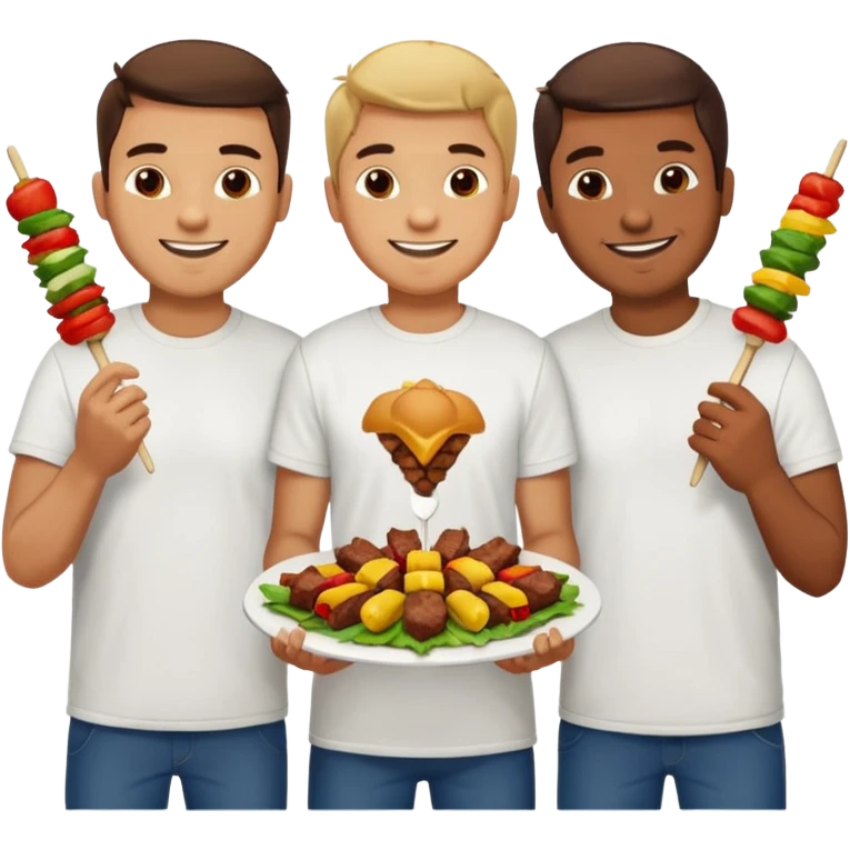 men in t-shirt eating beef kebab emoji