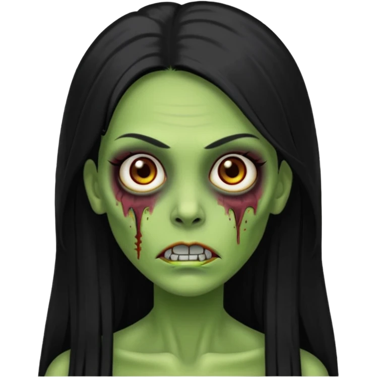 Faça uma zombie verde mulher com cabelos preto, liso e grande de olhos castanhos  emoji