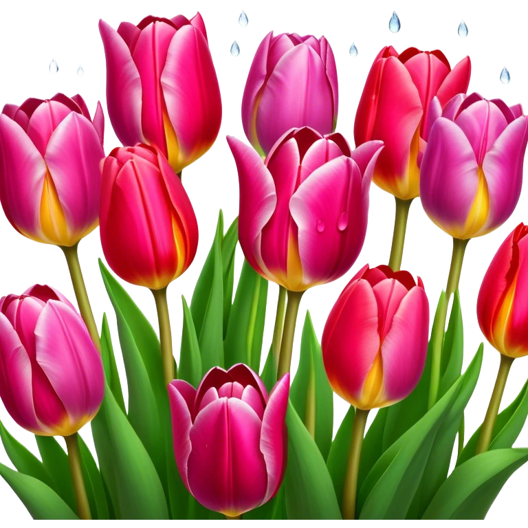 Tulips – Cinematic Realistic Tulips, depicted as a vibrant field of blooming tulips in brilliant hues, each delicate petal catching dewdrops under soft, natural spring light, rendered with detailed textures and a dreamy, picturesque glow. emoji
