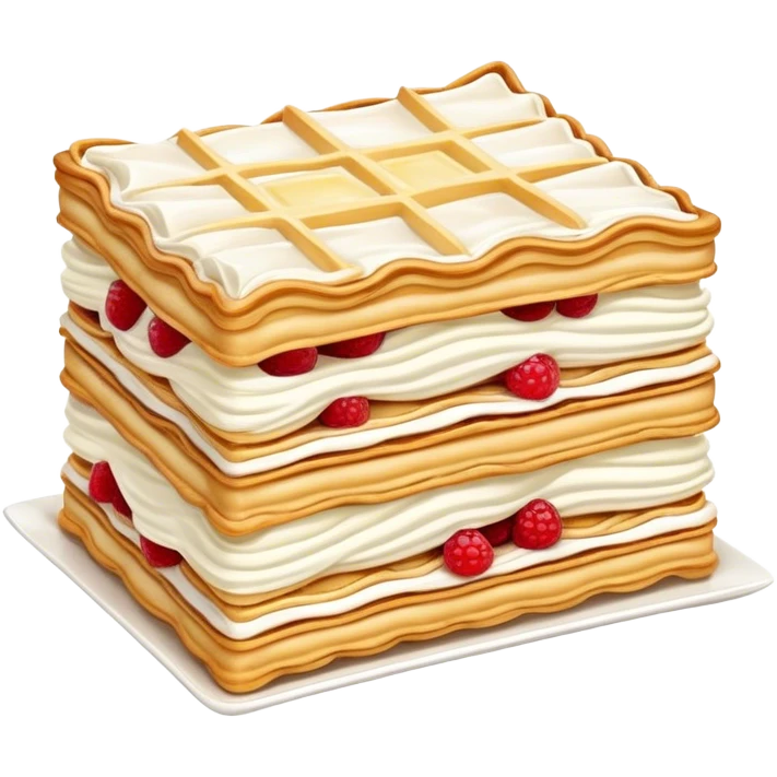 Mille-feuille Cinematic Realistic Mille-Feuille Dessert Emoji, depicted as a delicate pastry composed of two crisp layers of puff pastry with a rich cream filling, rendered with intricate textures and elegant, soft lighting. emoji