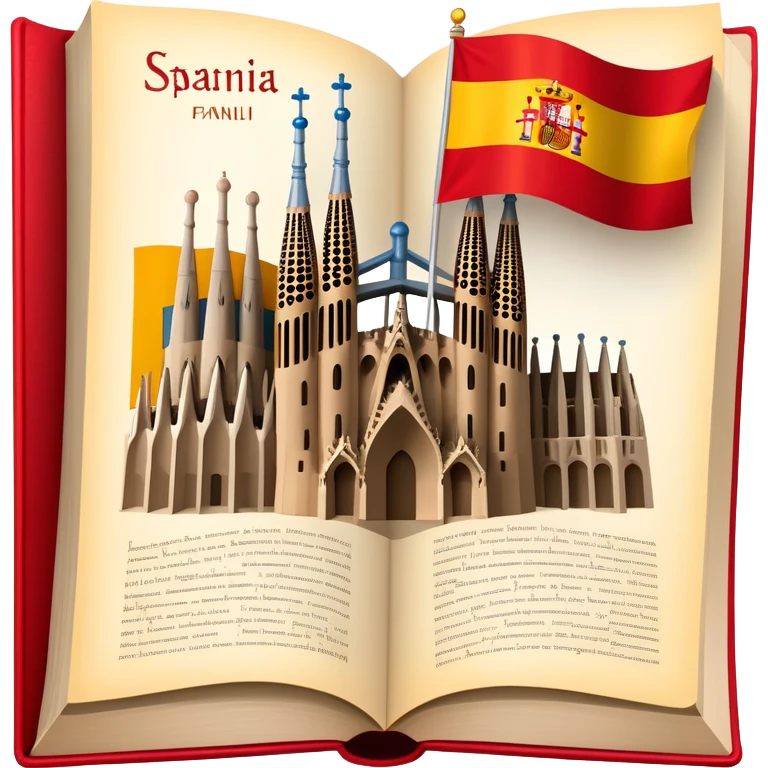 An icon featuring the Sagrada Familia and the flag of Spain, symbolizing the Spanish language. The design includes an open book with Spanish text and flamenco dancers, representing language learning and cultural heritage. Transparent background emoji