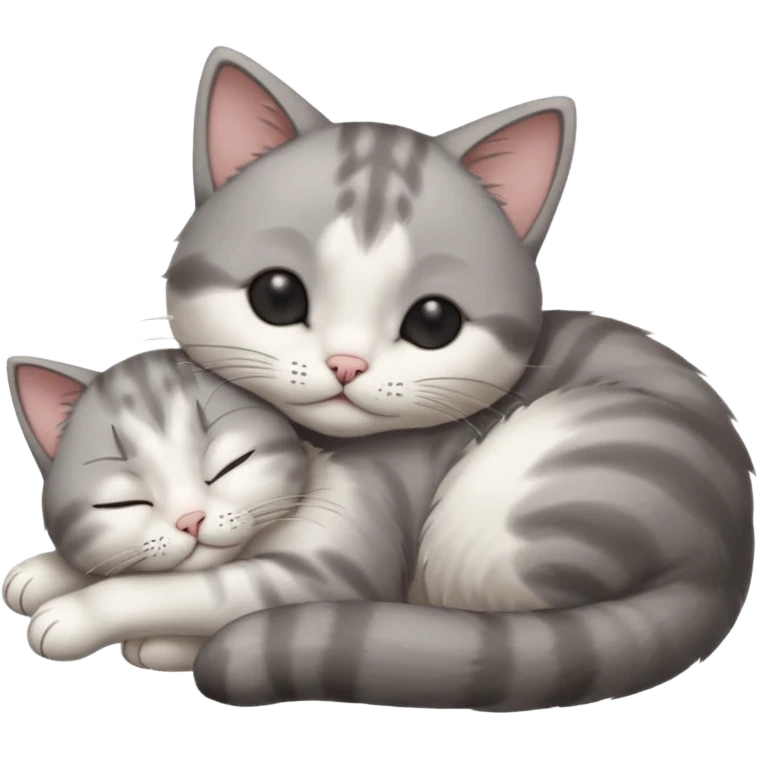 grey and white small cat with its eyes closed lying down leaning on his elbow with his paw curled under his head holding it up emoji