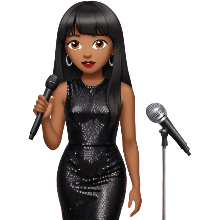 Medium toned black woman with a black sequined dress and long straight hair with a bang talking to interviewer on red carpet with a microphone emoji