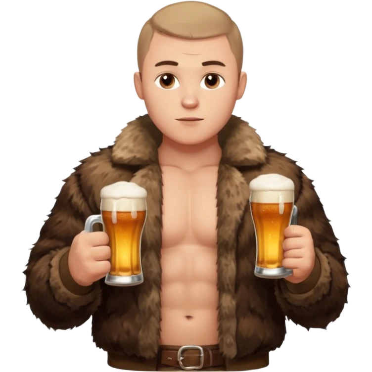 „A strong Russian young man with a buzz cut, muscular build, wearing a bear fur coat, holding a beer in one hand, confident expression, snowy background, Slavic aesthetics emoji