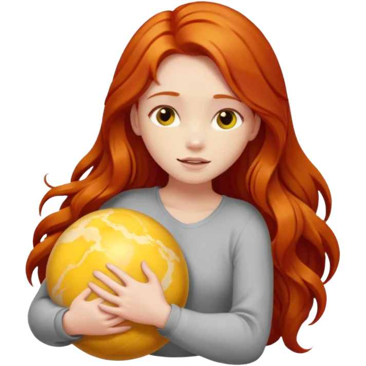Happy long haired redhead hugging big yellow marble emoji