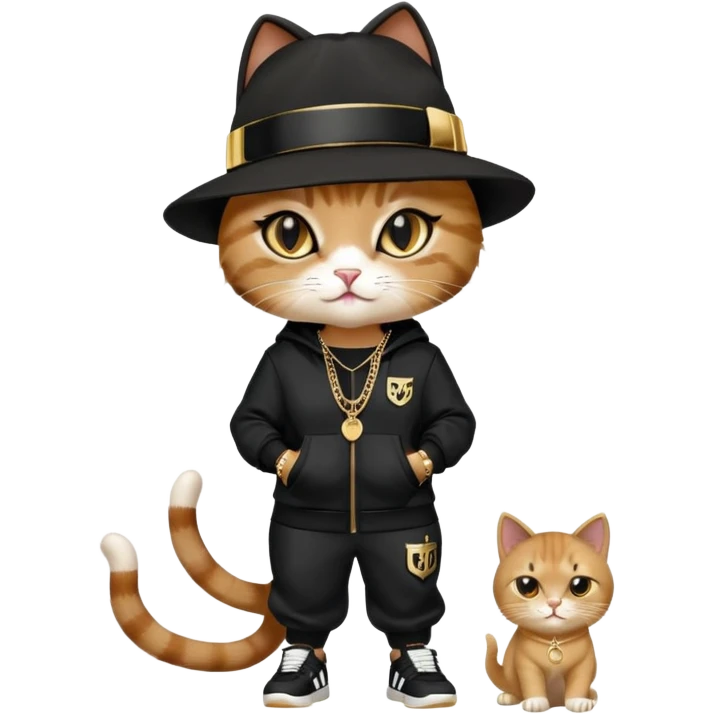 female cat dressed like Run DMC with tracksuit, fedora, Adidas shoes, lots of gold chains, rings, bracelets, earrings, eyes averted, talking to a friend, no sunglasses emoji