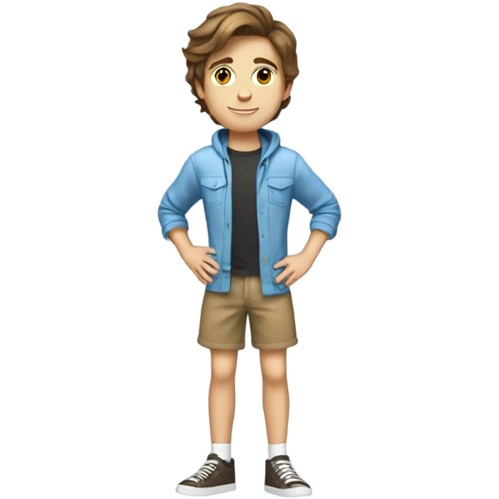 do a teenage boy with brown hair light eyes and a cute outfit, full body legs arms, SURFING  emoji