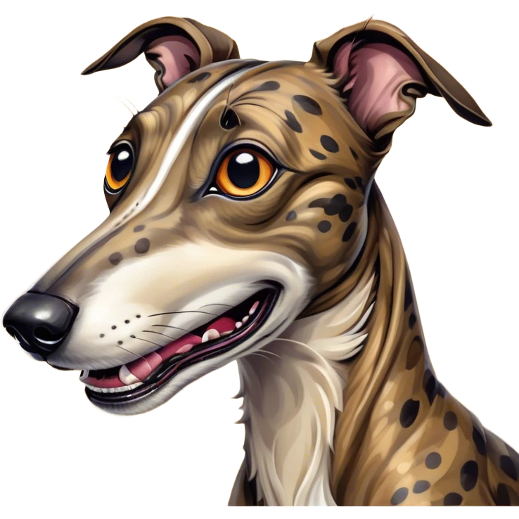 Cinematic Comical Brindle Greyhound Portrait Emoji, Head tilted dramatically with an exaggeratedly amused expression, featuring a striking brindle Fur with bold patterns, wide, expressive eyes filled with playful disbelief, Simplified yet hilariously expressive features, highly detailed, glowing with a slightly sassy glow, high shine, dramatic yet playful, stylized with an air of cheeky mischief, bright and endearing, soft glowing outline, capturing the essence of a spirited and over-the-top racer, so meme-worthy it feels like it could side-eye its way into internet fame instantly! emoji
