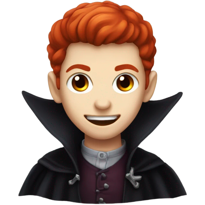 a vampire boy with red hair, fangs and red eyes, wearing vampire coat emoji
