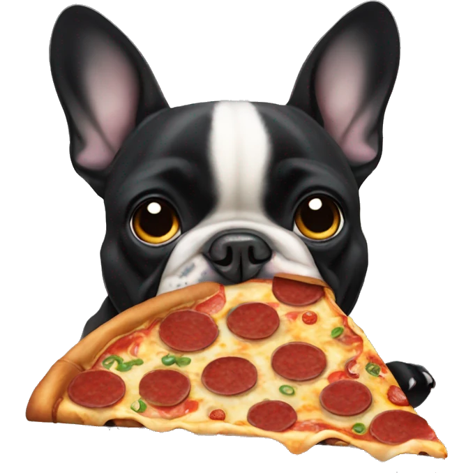 All black French bulldog eating pizza emoji