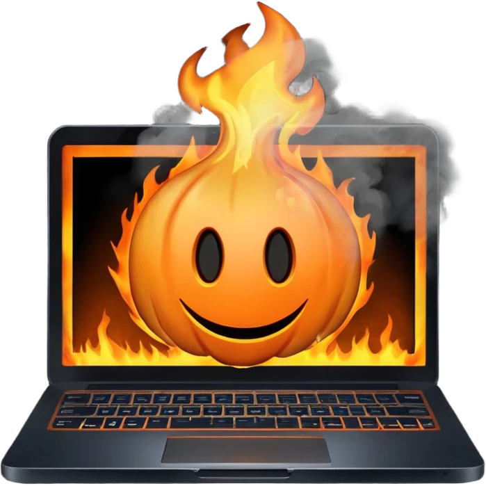  burning laptop with "malwarebytes" logo emoji