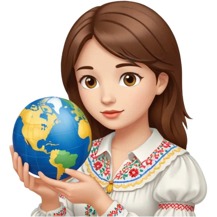 Beautiful young girl with brown hair wearing a white Ukrainian embroidered shirt holding a globe in her hand emoji