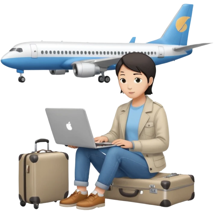 페르소나 요약 : 교환학생을 준비하는 대학생. 동양인 중성 20대의 상반신, 캐주얼한 옷을 입은 채 노트북을 보고 있으며 옆 한켠에는 캐리어가 함께 준비되어 있어요. 머리 위에 생각풍선으로 비행기를 떠올리고 있어요 emoji
