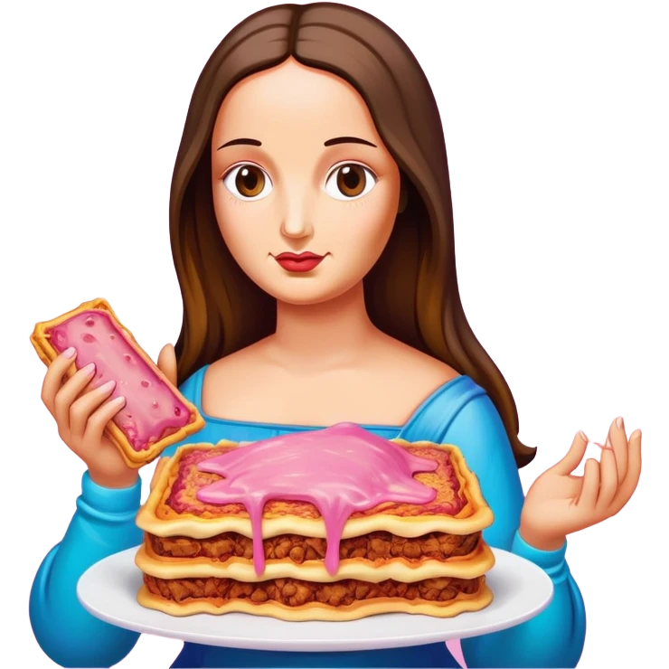pop art neon Monalisa holding Melted pink gooey spam meat lasagna emoji