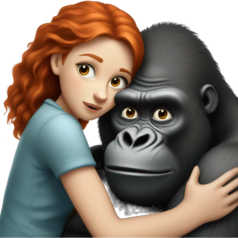 a redheaded girl with blue eyes hugging a fat smelly short gorilla emoji
