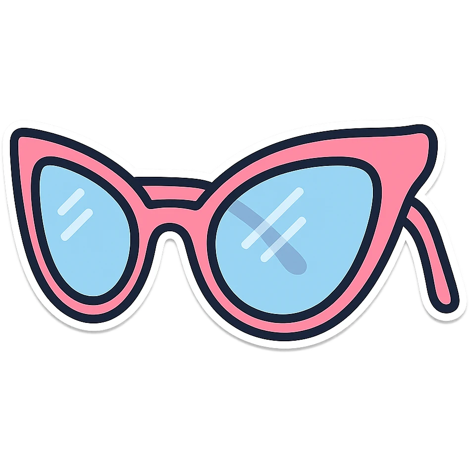 stylish eyeglasses for vision with diopters, butterfly frame, side view, vector look with shadows and glare, detailed shading, thin clean outlines, pastel palette, Japanese pop art, sticker look, highly detailed, transparent background emoji