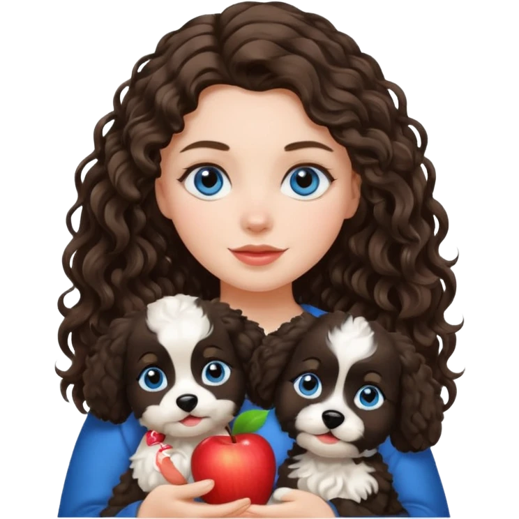 Baltic white girl with brunette wavy hair and blue eyes, holding her black and white fluffy dog, apple emoji style emoji