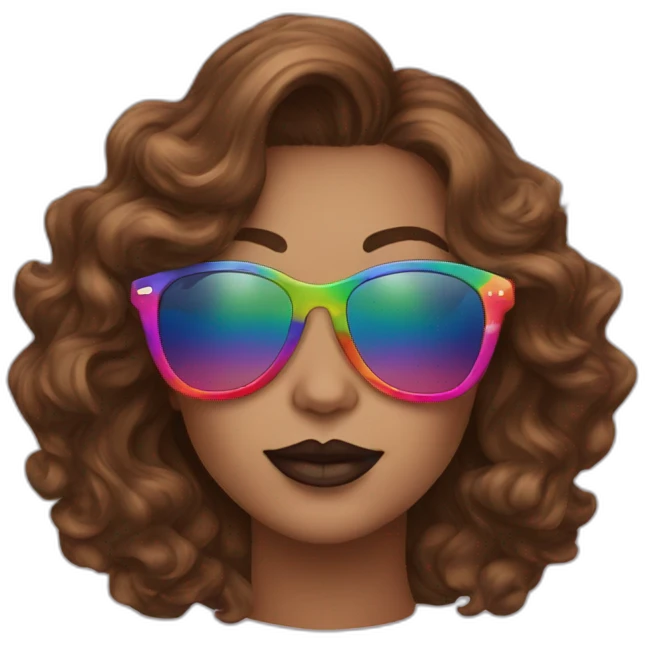 gay pride sunglasses on female head with wavy brown hair and rainbow lipstick emoji