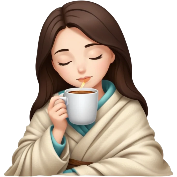 Brunette girl wrapped in cozy blanket sipping hot coffee with eyes closed emoji