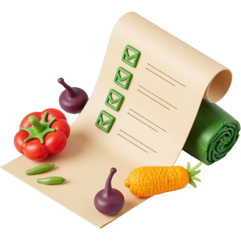 floating rolled paper list with green checkboxes and around vegetables emoji