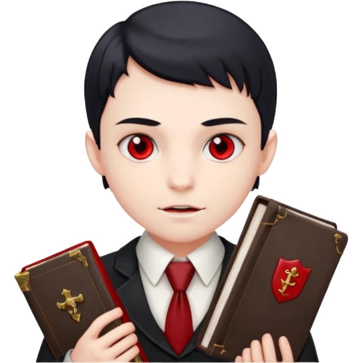 {
      "type": "human",
      "look": "young vampire student, tidy uniform, tie, red eyes, holding book",
      "description": "a young vampire student with red eyes wearing a neat uniform and holding a book"
    } emoji