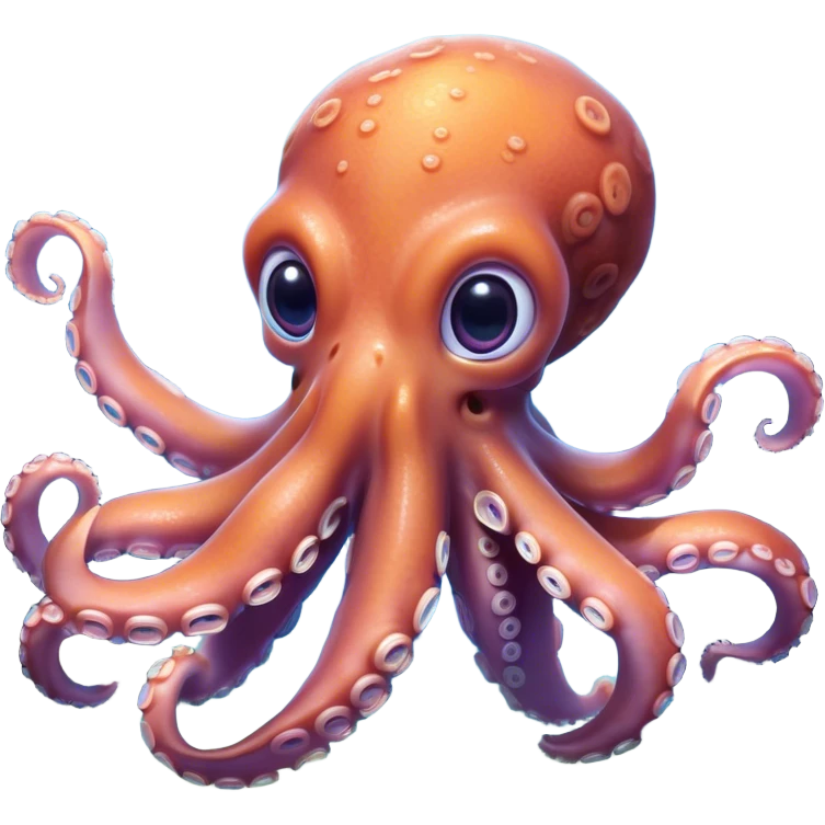 Cinematic Cute Octopus Portrait Emoji, Head tilted playfully and inquisitively, featuring a charming, rounded body with soft, shimmering skin and eight expressive, gently curling arms with playful suckers, with round, sparkling eyes full of wonder, Simplified yet irresistibly adorable features, highly detailed, glowing with a warm, inviting underwater glow, high shine, affectionate and lively, stylized with a touch of whimsical marine charm, soft glowing outline, capturing the essence of a mischievous yet loving octopus that seems as if it could float out of the screen into your arms! emoji