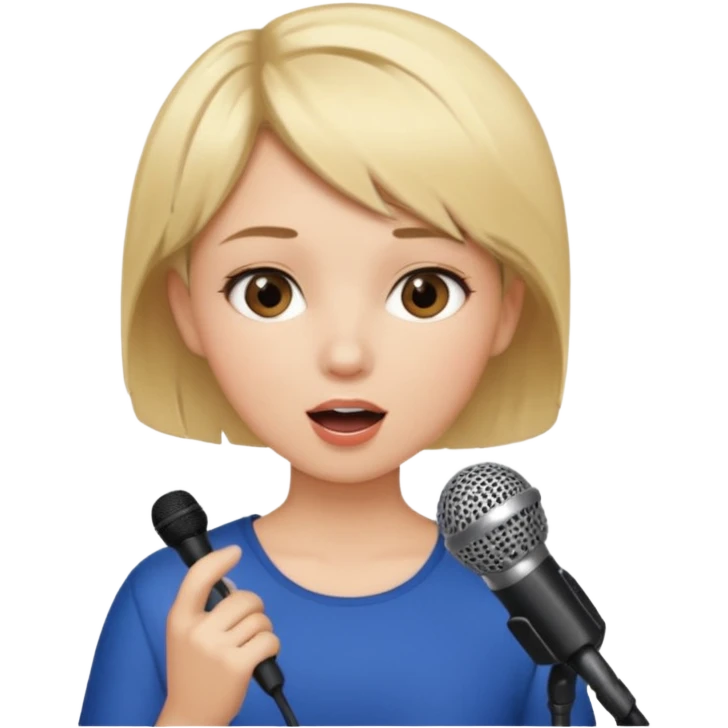 Crea una chica cantando con pelo rubio corto con ojos cafes  emoji