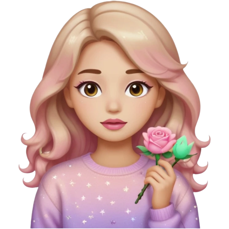 “Emoji girl, soft eyeliner, gradient rose lips, light brown shimmer eyeshadow, sparkly aegyo-sal, long wavy hair, cozy pastel sweater.” emoji