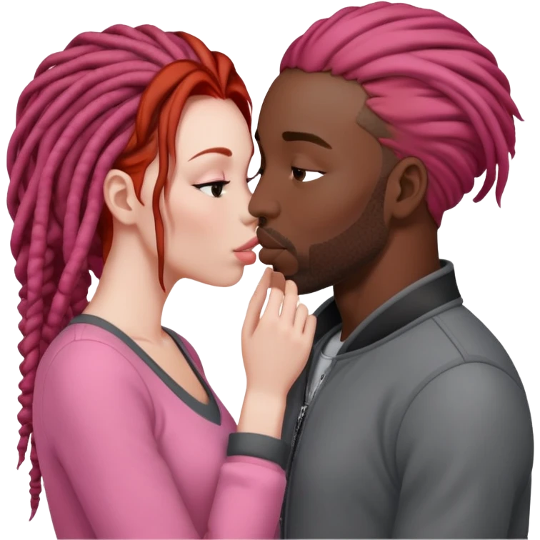 Mulher ruiva, pele branca, roupinha rosa, beijando um homem negro, com dreads nos cabelos e roupa cinza emoji