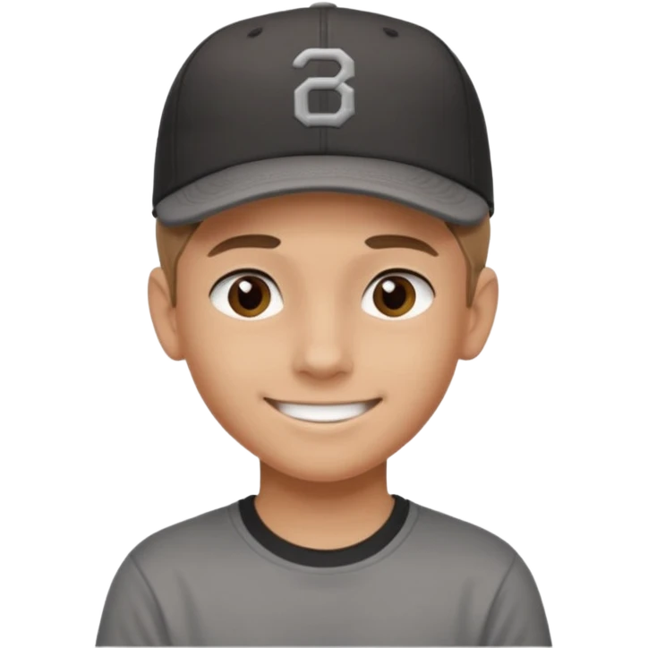 Create a teen boy wearing a faded black T-shirt. He will have light brown hair that is buzzed, tan skin, and dark brown eyes. He is wearing a gray baseball hat turned backwards. He is smiling emoji