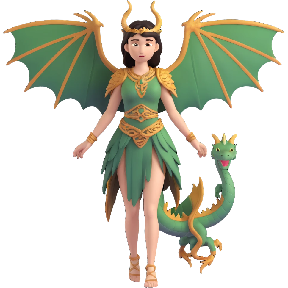 fullbody ancient woman with dragon wings, simplified, expressive, 3D look, iPhone emoji style emoji