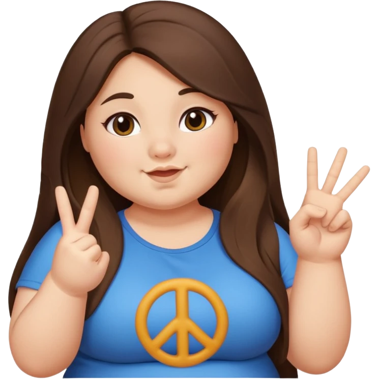 chubby brunette girl with long hair. chubby tummy showing, and she’s posing for an instagram picture with a peace sign. emoji