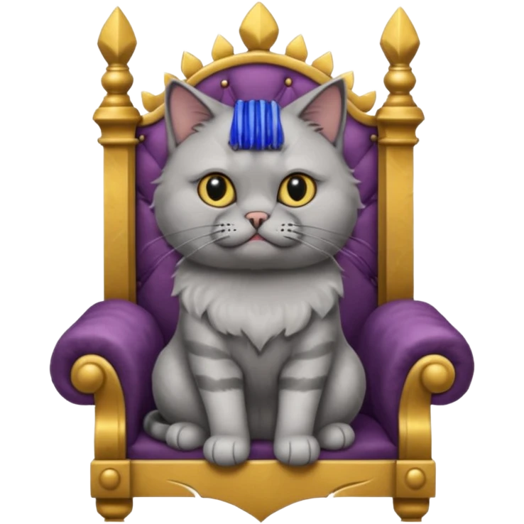 A gray cat with a black nose sitting on a throne looking at the world with disgust emoji