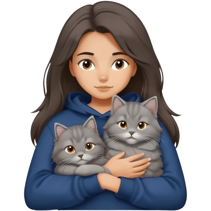 Brunette girl with dark blue sweatshirt snuggling a fluffy grey Siberian cat, cute cartoon style emoji