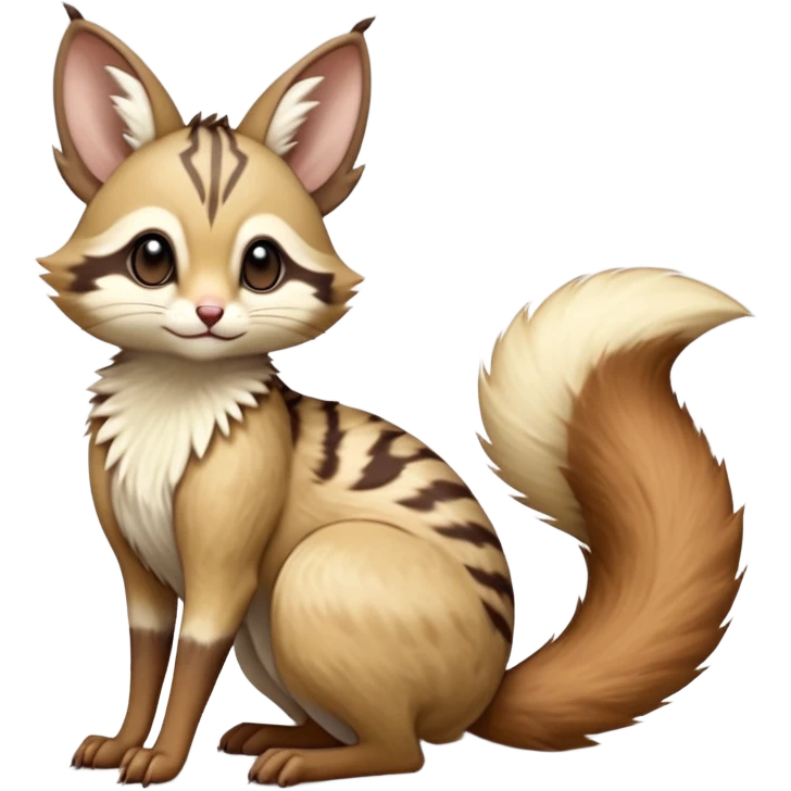 Brown-pointed, beige, soft natural realistic romantic vintage antique divine beautiful elegant pretty precious cute young youthful  Fakémon-Pokémon-alien-opossum-squirrel-feline-serval-caracal-chinchilla-Minccino-Cinccino-Meowstic-rodent-hybrid-creature with a big fluffy bushy tail (full body) emoji