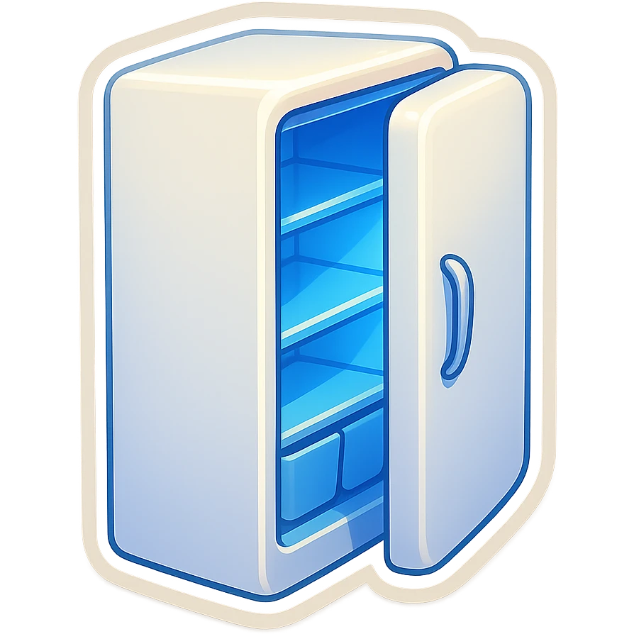 Open modern refrigerator with door slightly ajar, soft blue light glowing from inside, simple shelf shapes, no food details, rounded vector style, clean and minimal, sticker-like, white exterior. emoji