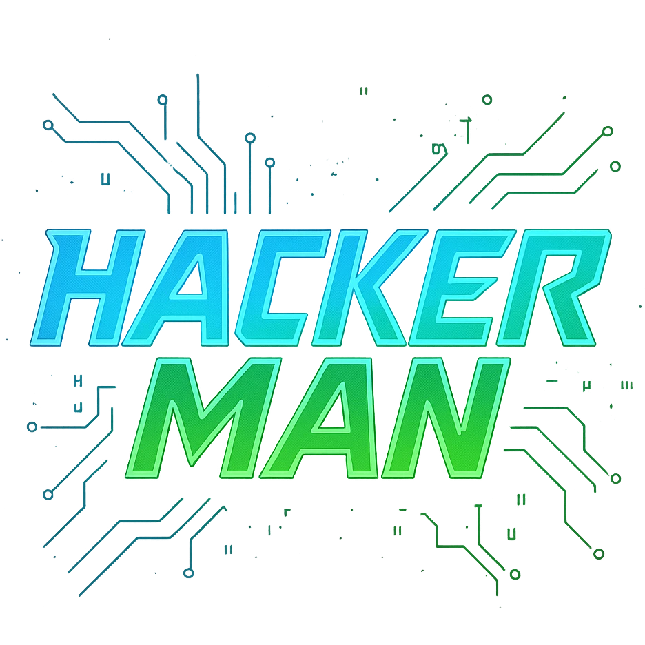 the phrase HACKER MAN as a bold, eye-catching logo or icon in a distinct, eye-catching style emoji