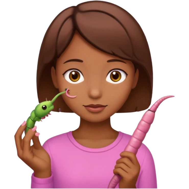 a girl with brown eyes, brown short hair and a worm emoji
