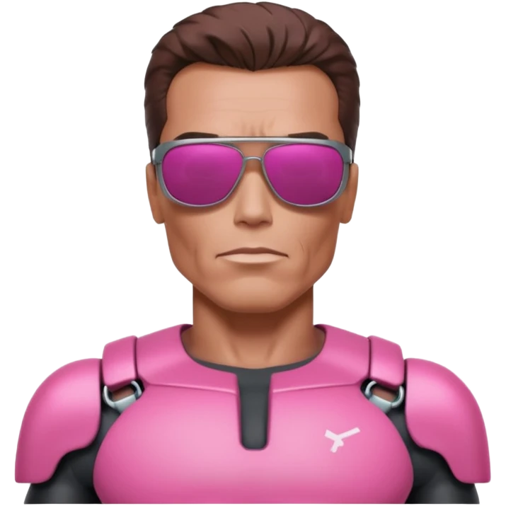 Schwarzenegger-like Terminator, upper body only, wearing his iconic clothes in pink (all clothes must be pink), looking more human with minimal robotic details, and wearing dark sunglasses. emoji
