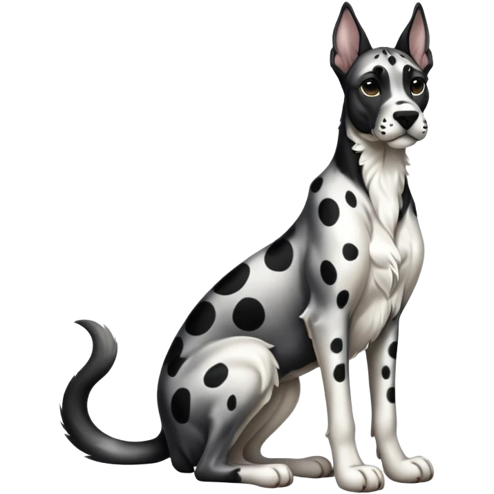 cinematic-[spotted dane]-realistic-full-body-sitting-emoji,-tail-resting-loosely-beside-its-paws,-head-tilted-dramatically, ears drooped, -sleek-[black and white]-fur,-simplified-yet-realistic-focused-features,-highly-detailed,-glowing-with-an-almost-sarcastic-glow emoji