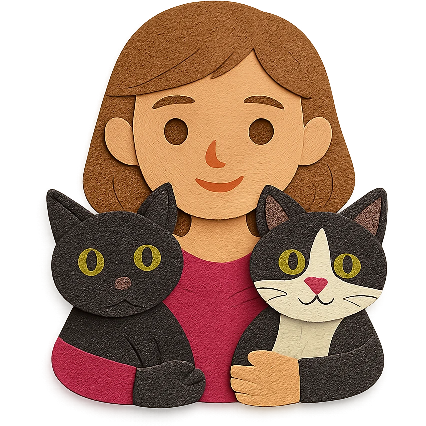 brown haired girl with light tan skin and brown eyes holding a black Bombay cat with green eyes and a black and white Tuxedo cat with hazel eyes emoji