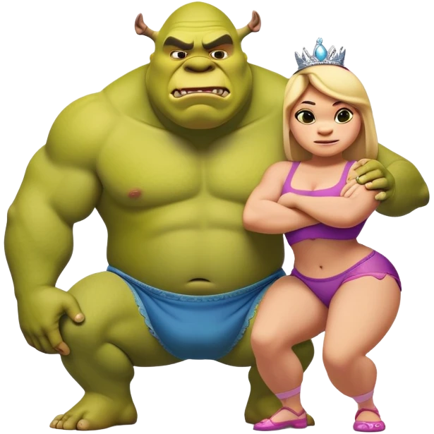A humorous and edgy emoji-style illustration of a big green (Shrek) ogre with exaggerated muscles, wearing funny underwear, striking a confident pose. A stylish princess kneels beside him, looking impressed. Cartoonish, meme-style, colorful emoji