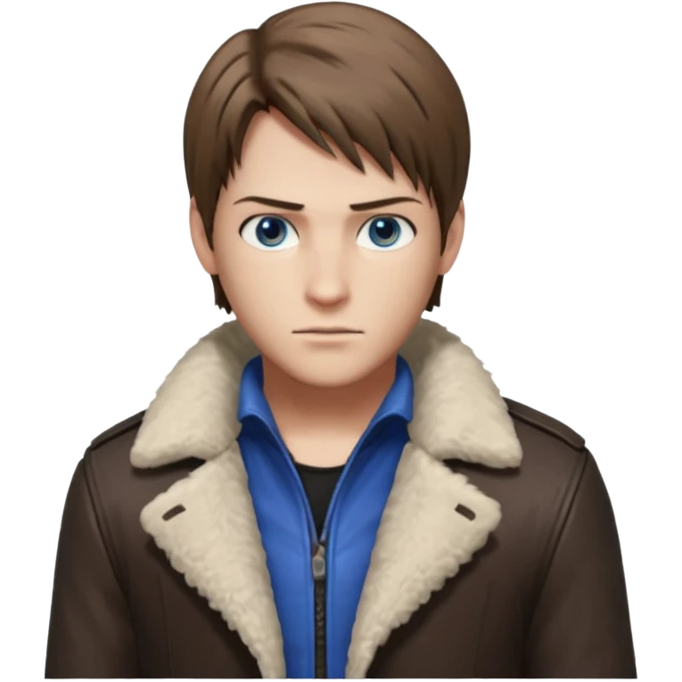Leon Kennedy from resident evil 4 remake in sheepskin coat and black t-shirt blue eyes clean-shaved emoji