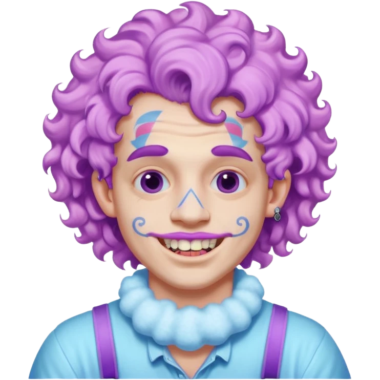 very cheerful colorful puffy violet curly haired man made out of cotton candy wearing teeth-braces and excessive face tattoos just face  emoji